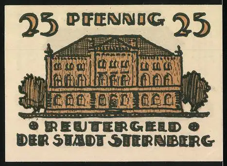 Notgeld Sternberg, 1922, 25 Pf, Stadttor und Gebäude mit Bäumen