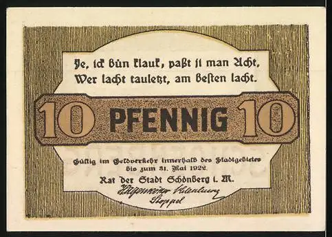 Notgeld Schönberg, 1922, 10 Pfennig, Reutergeld, Die Stadt im Lande Ratzeburg, Gültig bis 31. Mai 1922