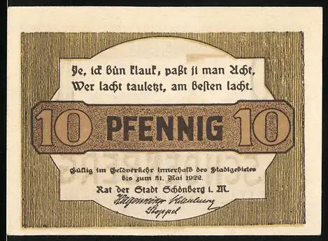 Notgeld Schönberg 1922, 10 Pfennig, Reutergeld - Stadt im Lande Ratzeburg