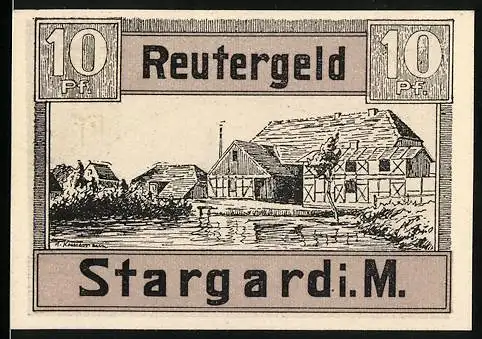 Notgeld Stargard i. M., 1922, 10 Pf, Reutergeld Gebäude und Landschaft