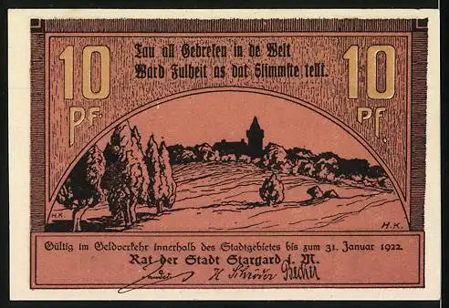 Notgeld Stargard i. M., 1922, 10 Pf, Reutergeld Gebäude und Landschaft