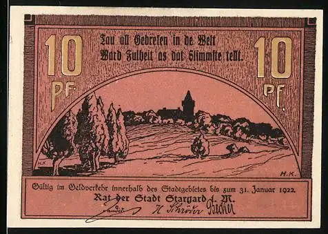 Notgeld Stargard, 1922, 10 Pf, Landschaft mit Burg und Bauernhof, Reutergeld