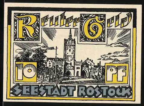 Notgeld Rostock, 1922, 10 Pfennig, Stadtansicht und Stadtwappen