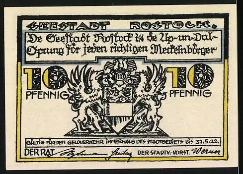 Notgeld Rostock, 1922, 10 Pfennig, Stadtansicht und Stadtwappen