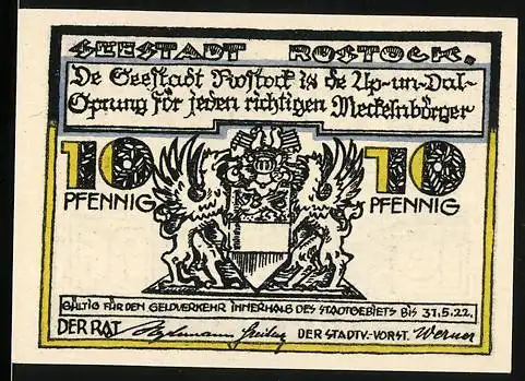 Notgeld Rostock, 1922, 10 Pfennig, Wappen und Stadtansicht