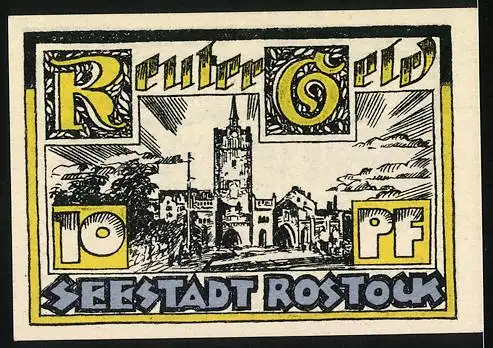 Notgeld Rostock, 1922, 10 Pfennig, Wappen und Stadtansicht