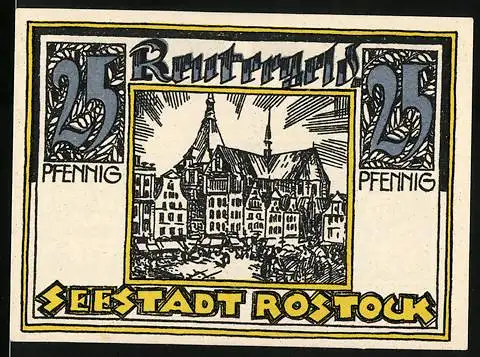 Notgeld Rostock, 25 Pfennig, Reutergeld, Stadtansicht und Gebäudeillustration