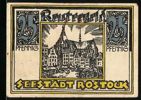 Notgeld Rostock, 25 Pfennig, Stadtansicht mit historischen Gebäuden und Gedicht auf Rückseite