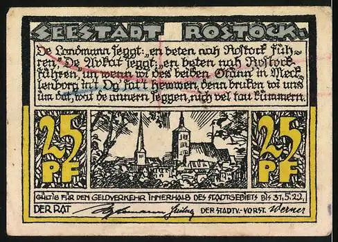 Notgeld Rostock, 25 Pfennig, Stadtansicht mit historischen Gebäuden und Gedicht auf Rückseite