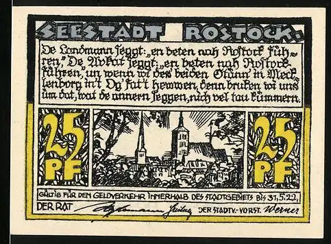 Notgeld Rostock, 1921, 25 Pf, Stadtansichten und Reutergeld