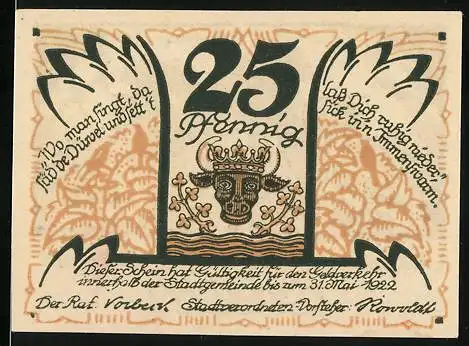 Notgeld Sülze, 1922, 25 Pfennig, Kinderheim und bekrönter Stierkopf