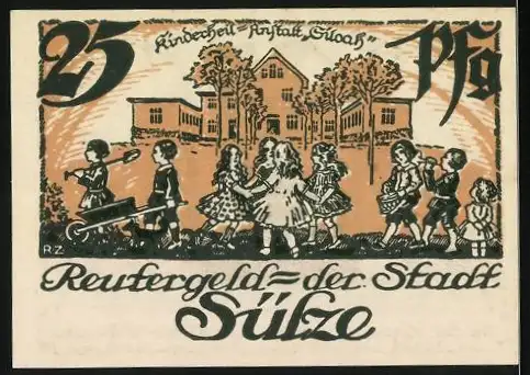 Notgeld Sülze, 1922, 25 Pfennig, Kinder vor einem Gebäude spielend