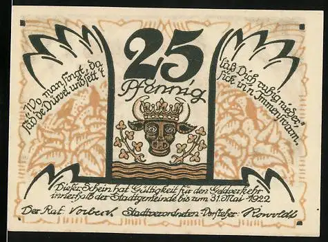 Notgeld Sülze, 1922, 25 Pfennig, Krone auf Stierkopf, Kinder vor Schulgebäude