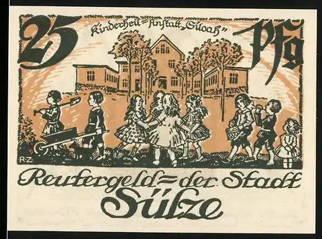 Notgeld Sülze, 1922, 25 Pfennig, Kinder spielen vor einem Gebäude, Rückseite mit Stierkopf und Sprüchen