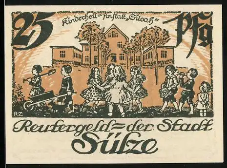 Notgeld Sülze, 1922, 25 Pfennig, Reutergeld der Stadt Sülze, Kindergruppe vor Schulgebäude