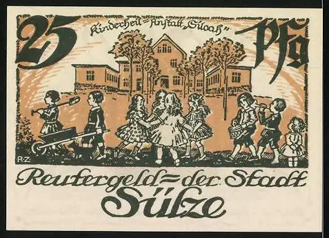 Notgeld Sülze, 1922, 25 Pfennig, Kinder beim Spielen vor einem Gebäude