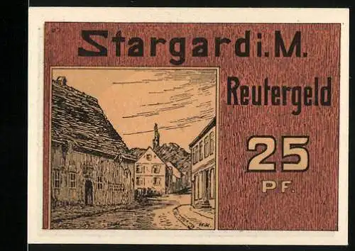 Notgeld Stargard i.M., 1922, 25 Pf, Reutergeld mit Stadtansicht und Windmühle