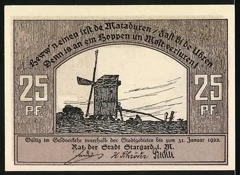 Notgeld Stargard i.M., 1922, 25 Pf, Reutergeld mit Stadtansicht und Windmühle