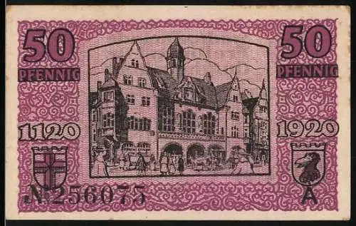 Notgeld Freiburg im Breisgau, 1920, 50 Pfennig, Gebäudeabbildung und Stadtwappen mit Seriennummer