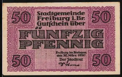 Notgeld Freiburg im Breisgau 1920, 50 Pfennig, Lila Schein mit Stadtbild und Wappen