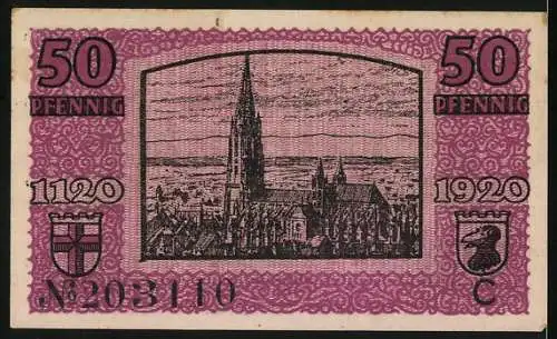 Notgeld Freiburg im Breisgau 1920, 50 Pfennig, Lila Schein mit Stadtbild und Wappen