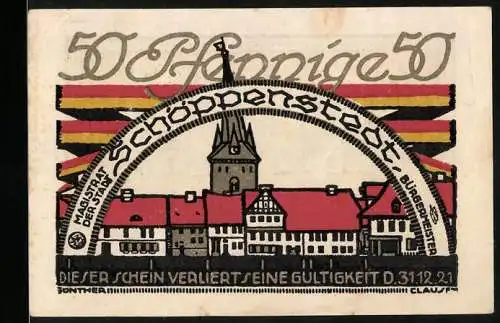 Notgeld Schöppenstedt, 1921, 50 Pfennig, Stadtansicht und historische Szene mit Figuren in Kleidung der Renaissance