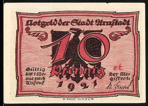 Notgeld Arnstadt 1921, 10 Pfennig, Vorderseite mit Adler und Rückseite mit tanzenden Figuren