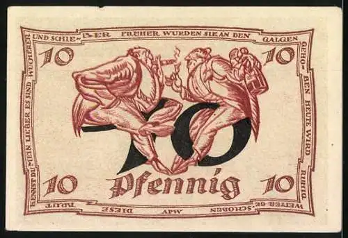 Notgeld Arnstadt 1921, 10 Pfennig, Vorderseite mit Adler und Rückseite mit tanzenden Figuren