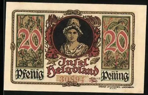 Notgeld Helgoland 1921, 20 Pfennig, Motiv Frau und Wappen mit Schrift