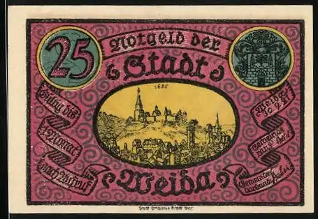 Notgeld Weida, 1921, 25 Pfennig, Stadtansicht und Gerichtsszene