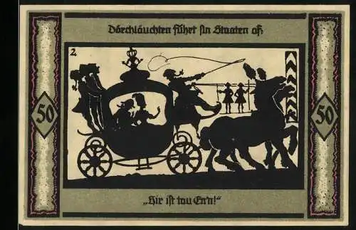 Notgeld Neustrelitz, 1921, 50 Pfennig, Kutsche und Turm in Silhouettenstil