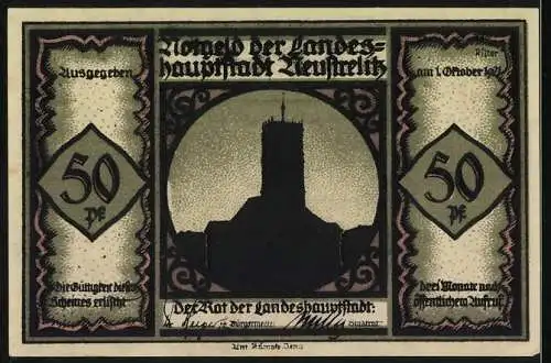 Notgeld Neustrelitz, 1921, 50 Pfennig, Kutsche und Turm in Silhouettenstil