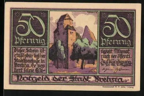 Notgeld Brehna 1921, 50 Pfennig, Turm und Luther-Katharina Porträts