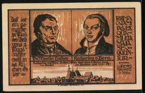 Notgeld Brehna 1921, 50 Pfennig, Turm und Luther-Katharina Porträts