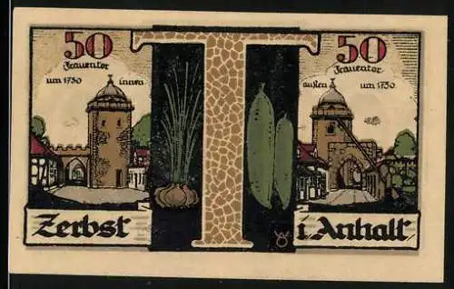 Notgeld Zerbst / Anhalt, 1921, 50 Pfennig, Stadtansicht mit Tortürmen und Stadtwappen