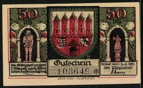 Notgeld Zerbst / Anhalt, 1921, 50 Pfennig, Stadtansicht mit Tortürmen und Stadtwappen