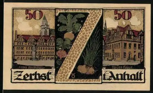 Notgeld Zerbst Anhalt, 1921, 50 Pfennig, Darstellung des alten und neuen Rathauses, Wappen und Gültigkeitshinweis