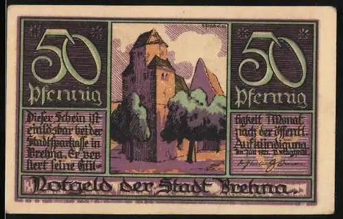 Notgeld Brehna 1921, 50 Pfennig, Abbildung eines Turms und von Martin Luther und Katharina von Bora