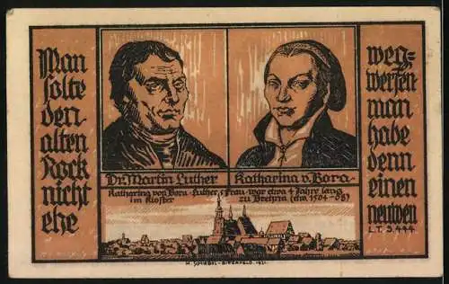 Notgeld Brehna 1921, 50 Pfennig, Abbildung eines Turms und von Martin Luther und Katharina von Bora