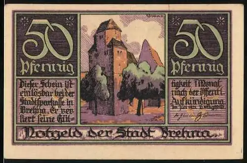 Notgeld Brehna, 1921, 50 Pfennig, Abbildung einer Burg und Porträts von Martin Luther und Katharina von Bora