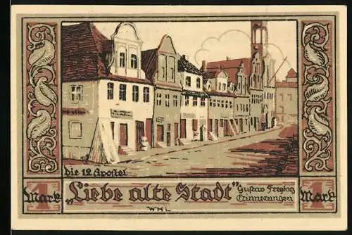 Notgeld Kreuzburg, 1 und 2 Mark, Gebäude und Wappen der Stadt mit historischer Darstellung