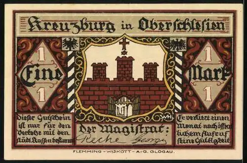 Notgeld Kreuzburg, 1 und 2 Mark, Gebäude und Wappen der Stadt mit historischer Darstellung