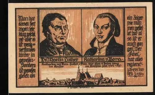 Notgeld Brehna 1921, 50 Pfennig, Martin Luther und Katharina von Bora, Stadtansicht und Stadtturm