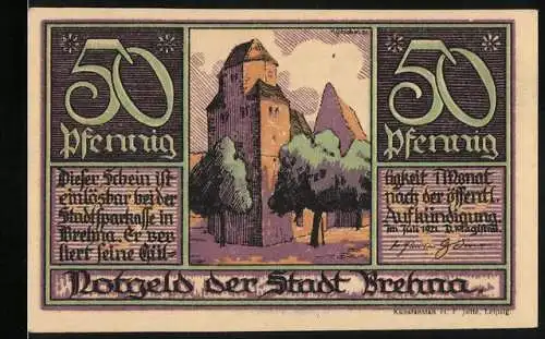 Notgeld Brehna 1921, 50 Pfennig, Turm und Porträts von Martin Luther und Katharina von Bora