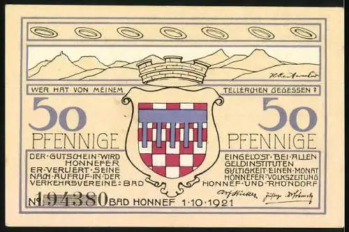 Notgeld Bad Honnef am Rhein, 1921, 50 Pfennige, Landschaftszeichnung und Stadtwappen