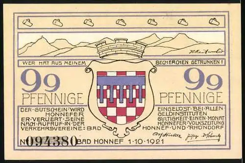 Notgeld Bad Honnef am Rhein, 1921, 99 Pfennige, Landschaftsansicht und Stadtwappen