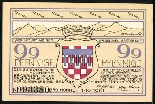 Notgeld Bad Honnef 1921, 99 Pfennig, Alte Kapelle und Dorfeingang in Rhöndorf