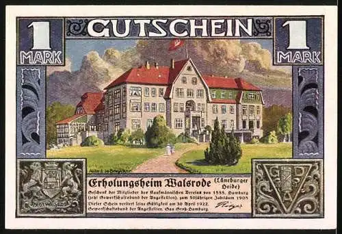 Notgeld Walsrode, 1922, 1 Mark, Erholungsheim Walsrode mit Klosterlandschaft und Fabrikansicht