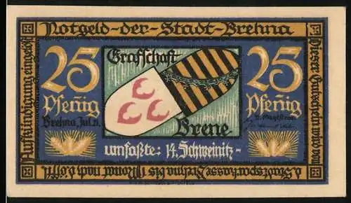 Notgeld Brehna 1921, 25 Pfennig, Grafschaft Brehna Wappen und Stadtansicht auf der Rückseite