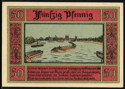 Notgeld Aken / Elbe, 1921, 50 Pfennig, Flusslandschaft mit Booten und Stadtwappen